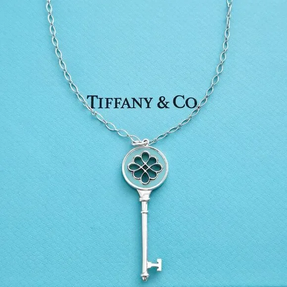🧧SOLD🎋Tiffany & Co. Blue Enamel Knot Key Pendant Silver Oval Link Necklace 30” - Picture 1 of 9